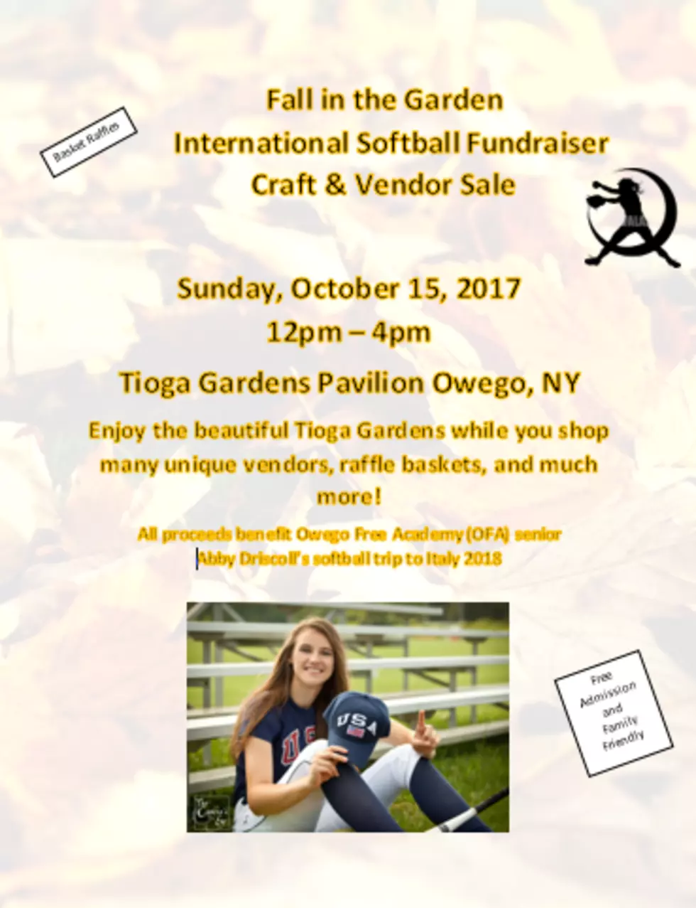 Fall in the Garden Fundraiser Craft &amp; Vendor Event to benefit OFA senior Abby Driscoll&#8217;s International Softball Trip to Italy 2018