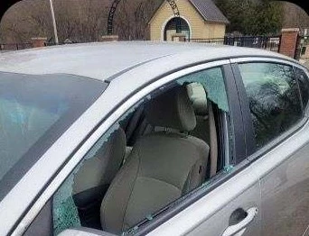 This car was damaged in a smash-and-grab larceny at the Owego dog park on March 22, 2024. Photo: WNBF News