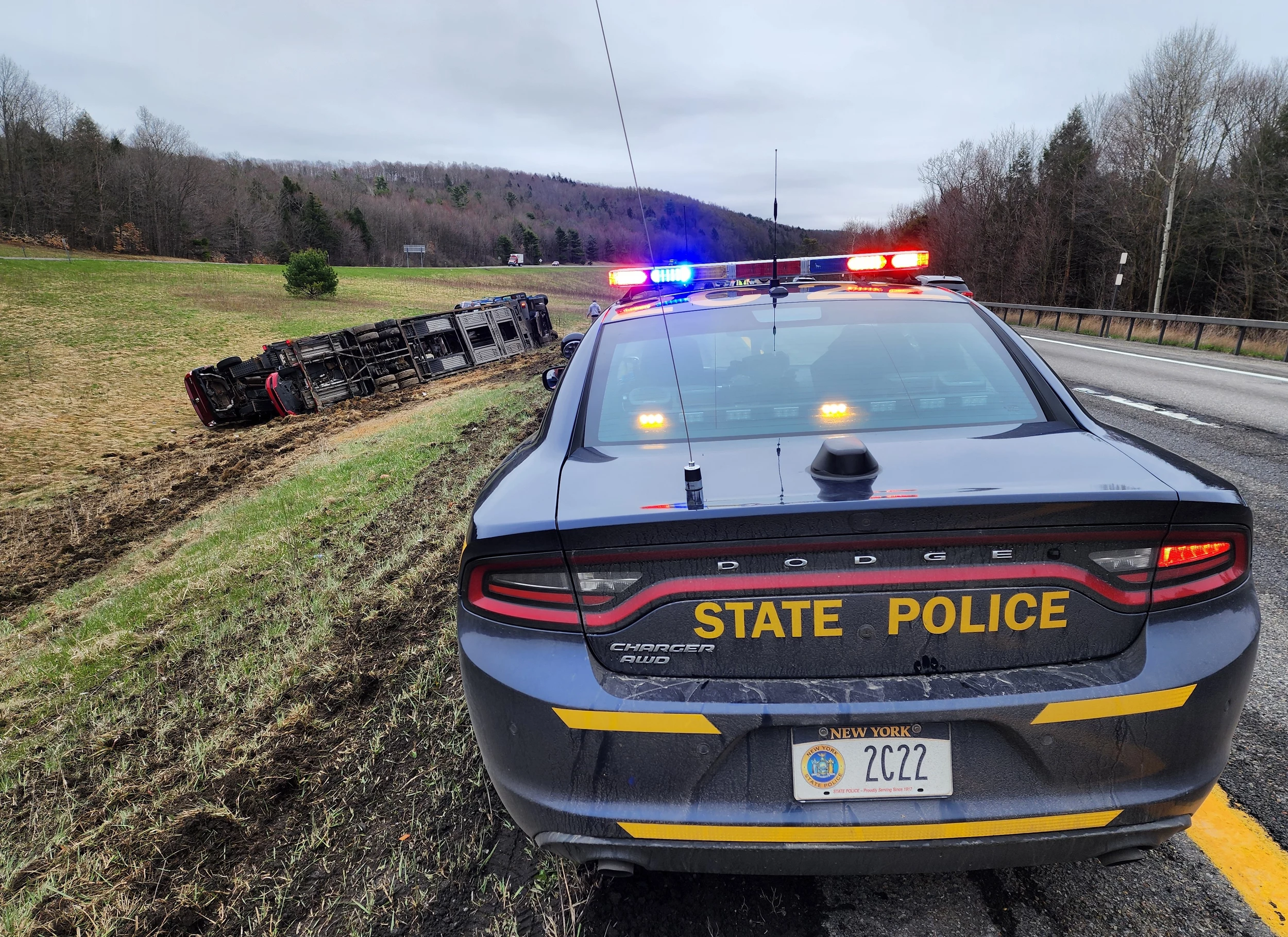 A New York State Police troop car at an Interstate 81 crash scene in Broome County on April 18, 2024. Photo: Bob Joseph/WNBF News